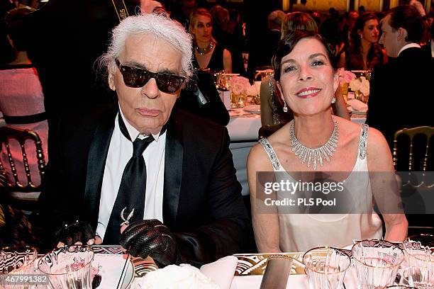 Princess Caroline of Hanover and Karl Lagerfeld attend the Rose Ball 2015 in aid of the Princess Grace Foundation at Sporting Monte-Carlo on March...