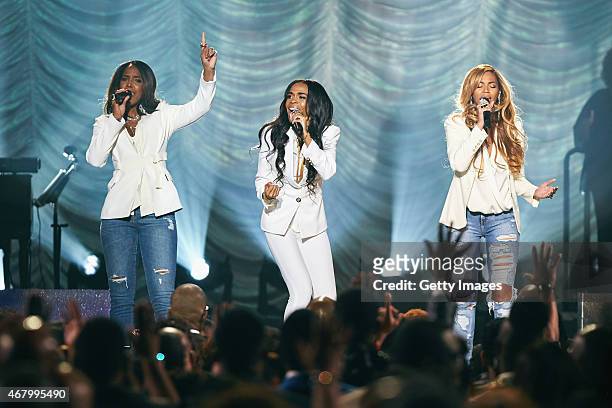 Singers Michelle Williams, Kelly Rowland and Beyonce performing "Say Yes" during the 30th Annual Stellar Awards at the Orleans Arena on March 28,...