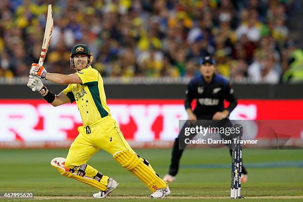 David Warner of Australia bats during the 2015 ICC Cricket World Cup final match between Australia and New Zealand at Melbourne Cricket Ground on...