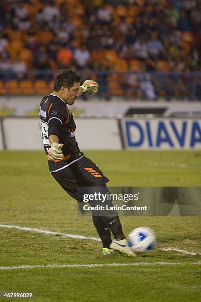 Miguel Pinto Goalkeeper of Correcaminos kicks the ball during a match between Delfines and Correcaminos as part of the Clausura 2014 Liga de Ascenso...