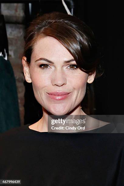 Actress Clea DuVall poses backstage at the Christian Siriano fashion show during the Mercedes-Benz Fashion Week Fall 2014 at Eyebeam on February 8,...