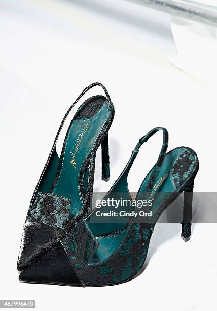 View of shoes backstage at the Christian Siriano fashion show during the Mercedes-Benz Fashion Week Fall 2014 at Eyebeam on February 8, 2014 in New...