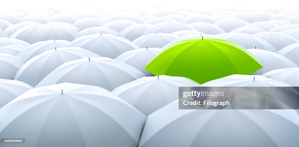 Green umbrella. Different, leader, unique, boss, individuality, original, special concept