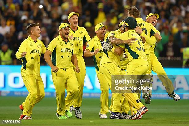 Austrlia celebrates victory during the 2015 ICC Cricket World Cup final match between Australia and New Zealand at Melbourne Cricket Ground on March...