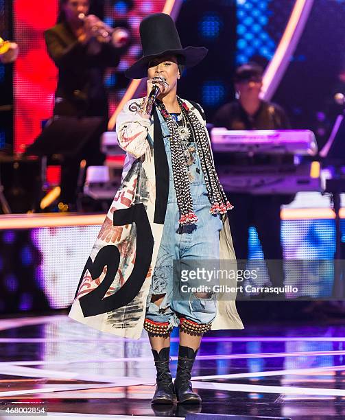 Recipient of the Rock Star award, singer-songwriter Erykah Badu performs onstage during 2015 'Black Girls Rock!' BET Special at NJ Performing Arts...