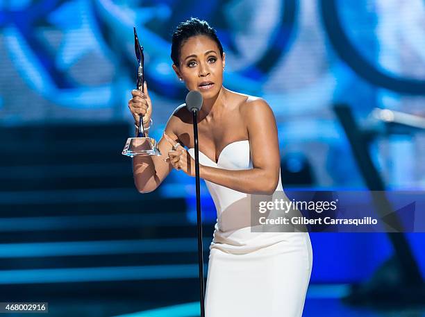 Recipient of the Star Power award, actress Jada Pinkett Smith speaks onstage during 2015 'Black Girls Rock!' BET Special at NJ Performing Arts Center...