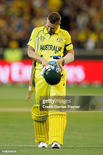 Michael Clarke of Australia walks from the field after being dismissed in his final ODI during the 2015 ICC Cricket World Cup final match between...