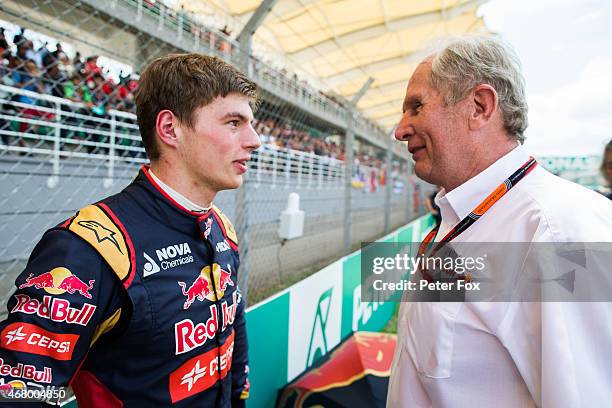 Max Verstappen of Scuderia Toro Rosso and The Netherlands chats with Helmut Marko of Red Bull before the Malaysia Formula One Grand Prix at Sepang...