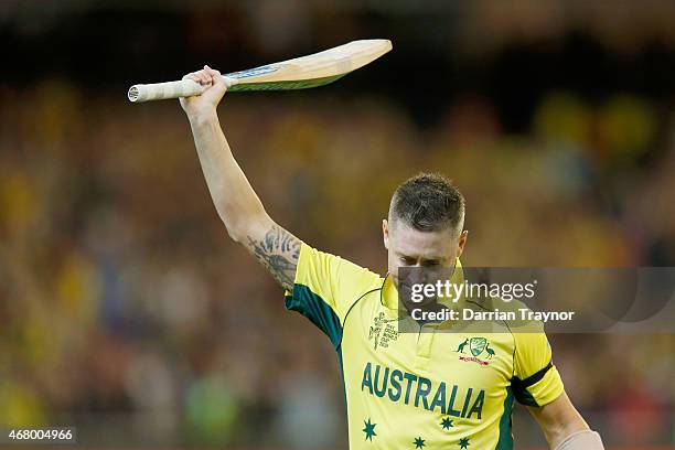 Michael Clarke of Australia walks from the field after being dismissed in his final ODI during the 2015 ICC Cricket World Cup final match between...