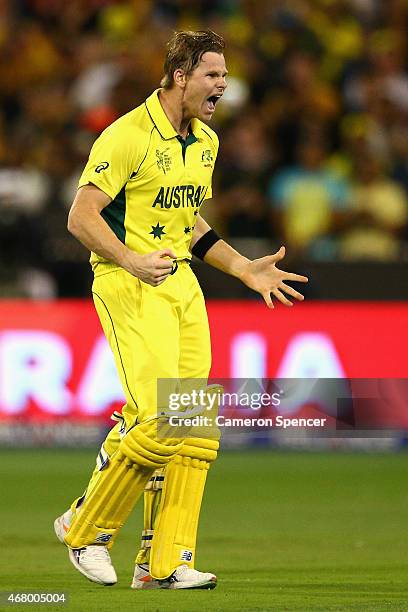 Steve Smith of Australia celebrates hitting the winning runs during the 2015 ICC Cricket World Cup final match between Australia and New Zealand at...