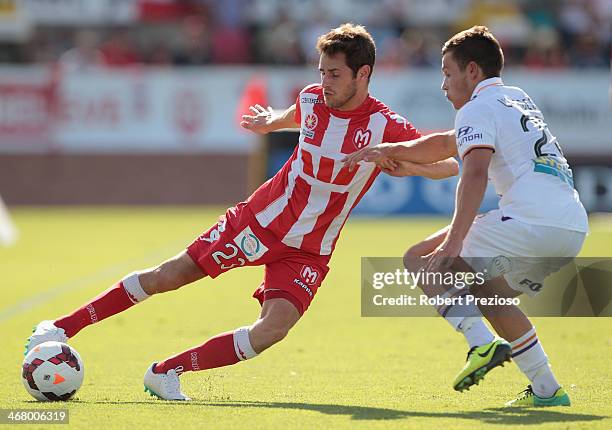 Mate Dugandzic of the Heart controls the ball during the round 18 A-League match between Melbourne Heart and Perth Glory at Lavington Sports Ground...