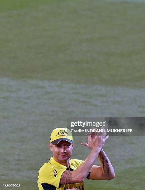 Australian captain Michael Clarke, who announced his retirement from one-day international cricket on the eve of the final, bids goodbye to the crowd...