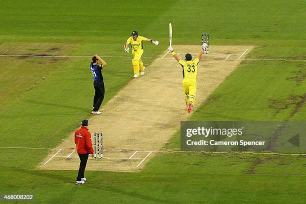 Steve Smith of Australia and team mate Shane Watson of Australia celebrate winning the 2015 ICC Cricket World Cup final match between Australia and...