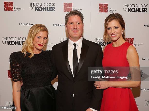 Actress Katee Sackhoff, ADG Awards Co-Producer Dave Blass and actress Tricia Helfer at the 18th Annual ADG Awards held at The Beverly Hilton Hotel on...