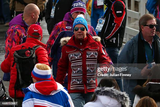 Russian Prime Minister Dmitry Medvedev attends the Alpine Skiing Men's Downhill at Rosa Khutor Alpine Center on February 9, 2014 in Sochi, Russia.