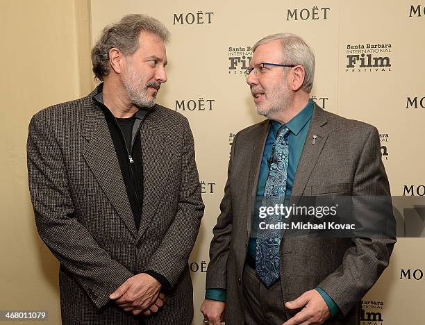 Board president Doug Stone and moderator Leonard Maltin visit The Moet & Chandon Lounge at The Santa Barbara International Film Festival at the...