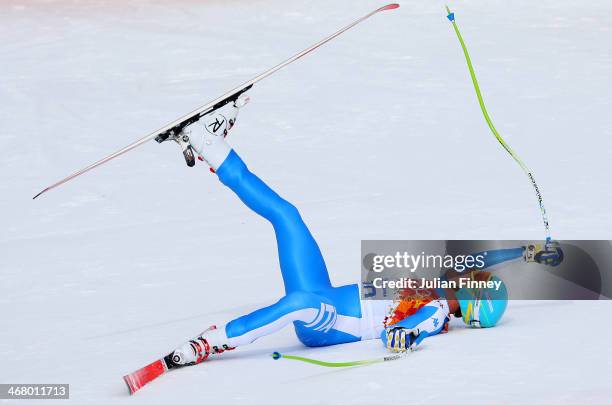 Christof Innerhofer of Italy jubilates during the Alpine Men's Downhill on day two of the Sochi 2014 Winter Olympics at Rosa Khutor Alpine Center on...