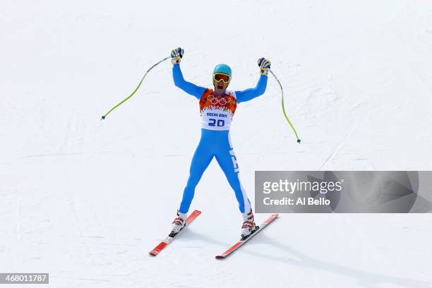 Christof Innerhofer of Italy finishes a run during the Alpine Men's Downhill on day two of the Sochi 2014 Winter Olympics at Rosa Khutor Alpine...