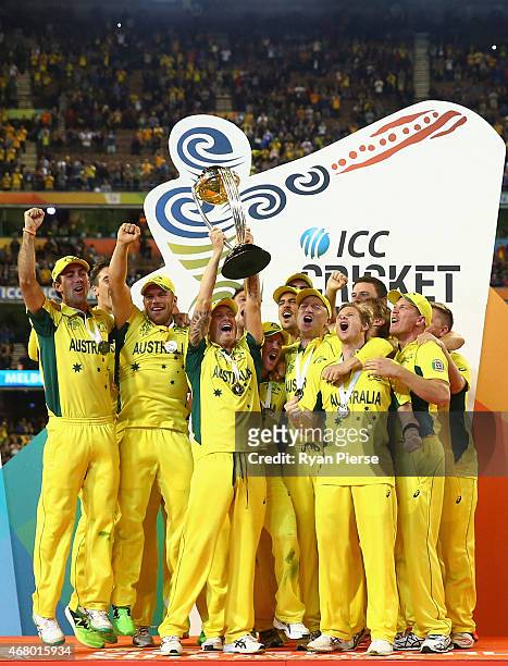 Australia lift the World Cup during the 2015 ICC Cricket World Cup final match between Australia and New Zealand at Melbourne Cricket Ground on March...