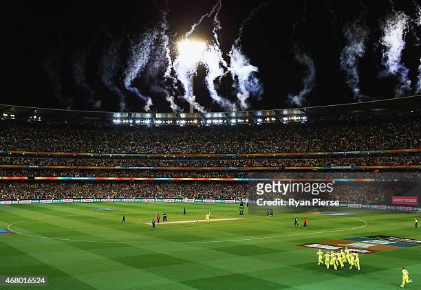 The Australian team celebrate victory during the 2015 ICC Cricket World Cup final match between Australia and New Zealand at Melbourne Cricket Ground...