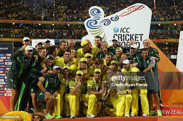 Australia lift the World Cup during the 2015 ICC Cricket World Cup final match between Australia and New Zealand at Melbourne Cricket Ground on March...