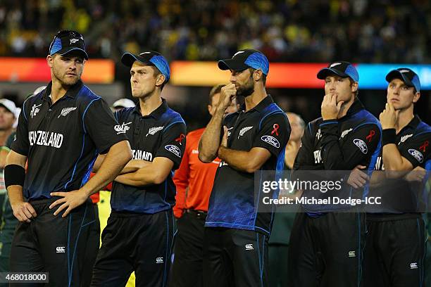 Brendon McCullum of New Zealand and the team reflect after their defeat during the 2015 ICC Cricket World Cup final match between Australia and New...