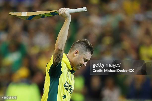 Michael Clarke of Australia walks off after being dismissed during the 2015 ICC Cricket World Cup final match between Australia and New Zealand at...