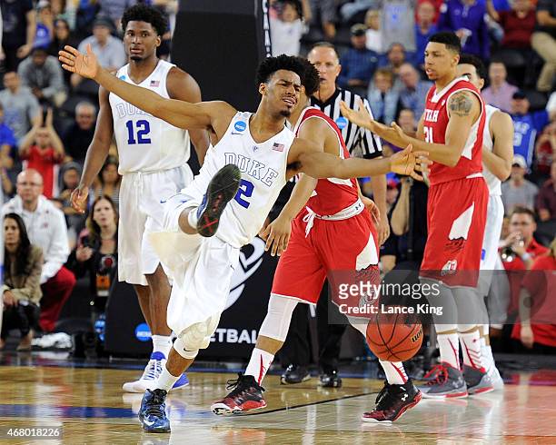 Quinn Cook of the Duke Blue Devils reacts after being fouled late in the game against the Utah Utes during the South Regional Semifinal round of the...