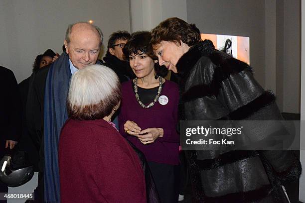 Jacques Toubon, Agnes Varda Nathalie Obadia and Lise Toubon attend the 'Tryptiques Atypiques' - Agnes Varda Photo Exhibition Preview At Galerie...
