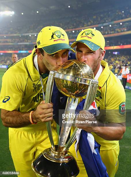 Glenn Maxwell and Aaron Finch of Australia celebrates with the trophyduring the 2015 ICC Cricket World Cup final match between Australia and New...