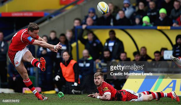 Will Robinson of London Welsh kicks a conversion during the Aviva Premiership match between London Welsh and Bath Rugby at Kassam Stadium on March...