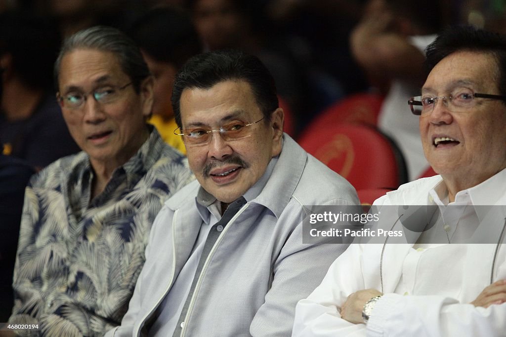 Manila Mayor Joseph Estrada (C) attends the boxing event at...