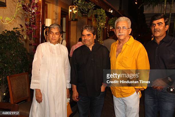 Bollywood actor Ratna Pathak Shah, film maker Vishal Bhardwaj and actor and film maker Naseeruddin Shah during the success party of film Hunterrr on...