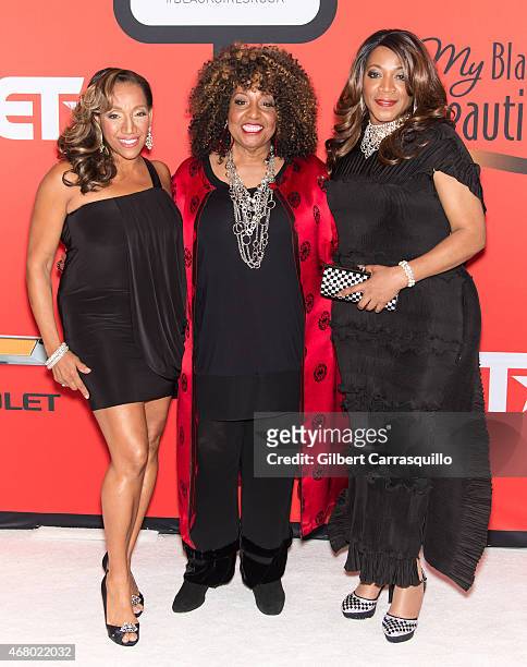 Singers Kathy Sledge, Cheryl Lynn and Alicia Myers attend the BET's 'Black Girls Rock!' Red Carpet at NJ Performing Arts Center on March 28, 2015 in...