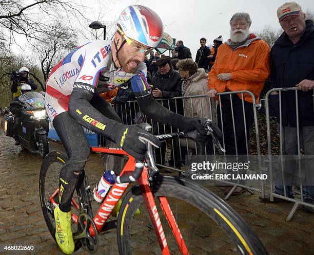 Italian Luca Paolini of Team Katusha competes during the 77th edition of the Gent-Wevelgem one day cycling race on March 29, 2015 in Wevelgem. AFP...