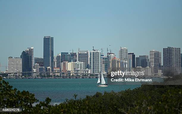 View of downtown Miami during Day 7 of the Miami Open presented by Itau at Crandon Park Tennis Center on March 29, 2015 in Key Biscayne, Florida.