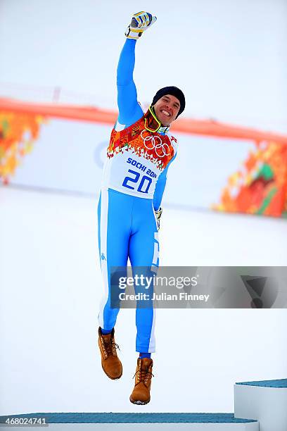 Silver medalist Christof Innerhofer of Italy celebrates during the flower ceremony for the Skiing Men's Downhill during the Alpine Skiing Men's...