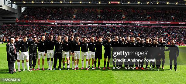 Group team picture of Liverpool before the Liverpool All Star Charity Match at Anfield on March 29, 2015 in Liverpool, England.