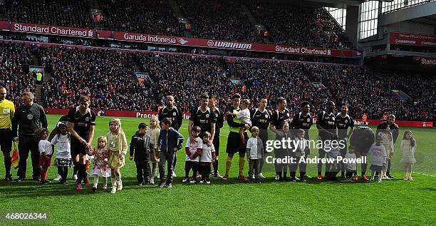 Team line up picture of Liverpool before the Liverpool All Star Charity Match at Anfield on March 29, 2015 in Liverpool, England.