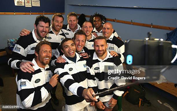 Land Rover ambassador Bryan Habana takes a selfie with fellow ambassadors during the launch of the Land Rover Rugby World Cup 2015 "We Deal In Real"...