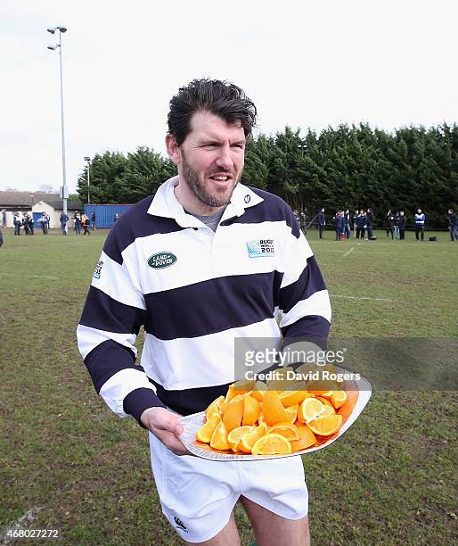 Land Rover ambassador Shane Horgan carries the half time oranges during the launch of the Land Rover Rugby World Cup 2015 "We Deal In Real" campaign...