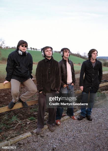 Mickey Quinn, Gaz Coombes, Danny Goffey and Rob Coombes of Supergrass, at Rockfield Studios in Wales during the recording of 'Life On Other Planets',...
