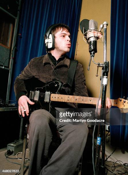 Gaz Coombes of Supergrass, at Rockfield Studios in Wales during the recording of 'Life On Other Planets', United Kingdom, 2002.