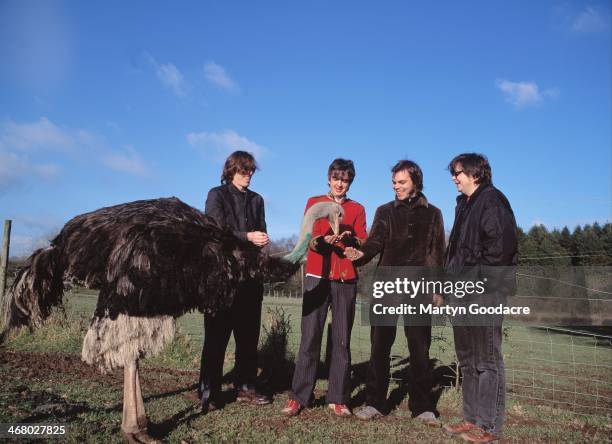 Rob Coombes, Danny Goffey, Gaz Coombes and Mickey Quinn of Supergrass, at Rockfield Studios in Wales during the recording of 'Life On Other Planets',...