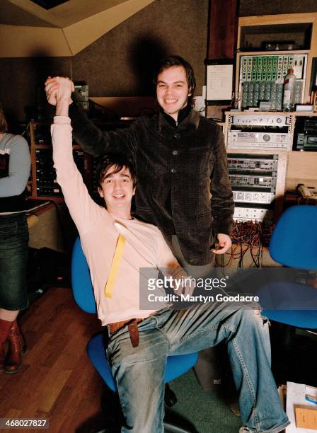 Danny Goffey and Gaz Coombes of Supergrass, at Rockfield Studios in Wales during the recording of 'Life On Other Planets', United Kingdom, 2002.