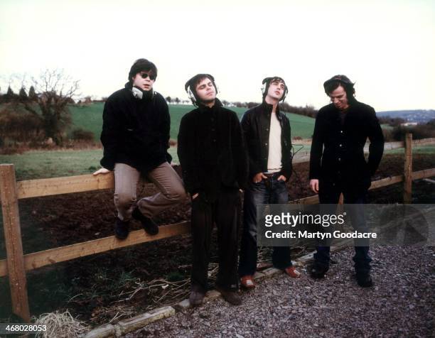 Mickey Quinn, Gaz Coombes, Danny Goffey and Rob Coombes of Supergrass, at Rockfield Studios in Wales during the recording of 'Life On Other Planets',...