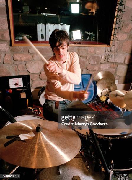 Danny Goffey of Supergrass, at Rockfield Studios in Wales during the recording of 'Life On Other Planets', United Kingdom, 2002.
