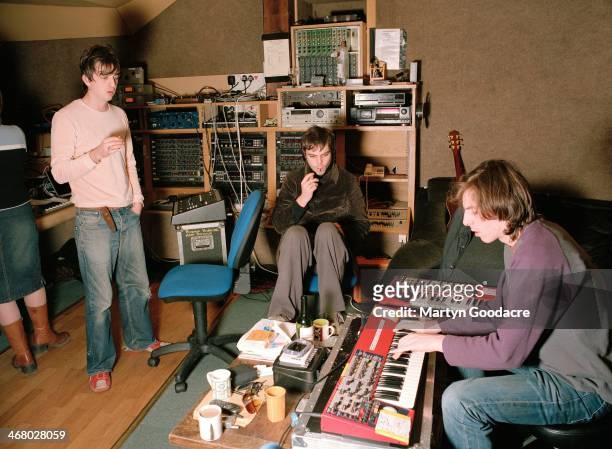 Danny Goffey, Gaz Coombes and Rob Coombes of Supergrass, at Rockfield Studios in Wales during the recording of 'Life On Other Planets', United...