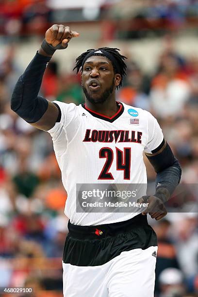 Montrezl Harrell of the Louisville Cardinals reacts in the first half of the game against the Michigan State Spartans during the East Regional Final...