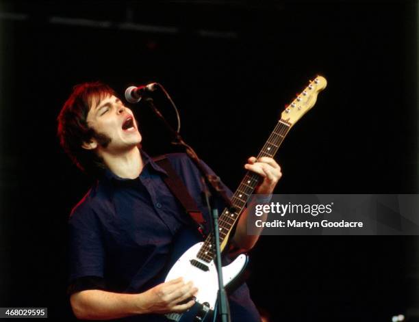 Gaz Coombes of Supergrass, performs on stage at Glastonbury Festival, United Kingdom, 1997.